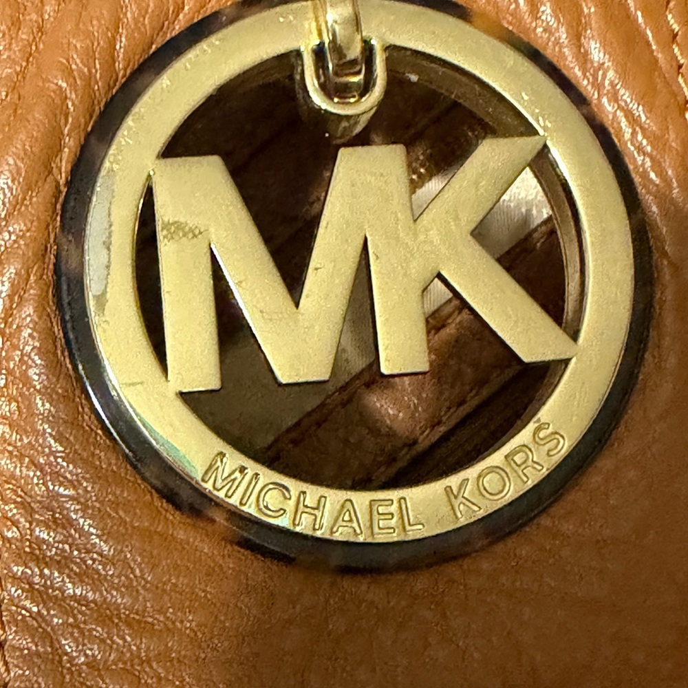Michael Kors Cognac Leather Shoulder Bag with Gold MK Charm - Picture 7 of 10